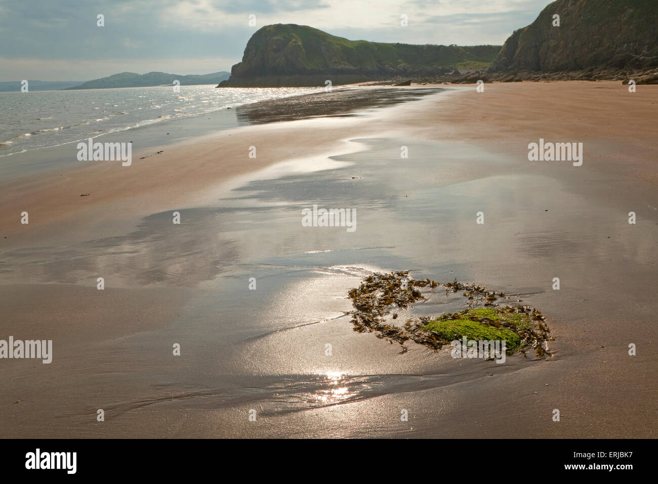 Vista serale lungo la spiaggia verso il punto del castello nei pressi di Rockcliffe, Dumfries and Galloway, Scozia Foto Stock