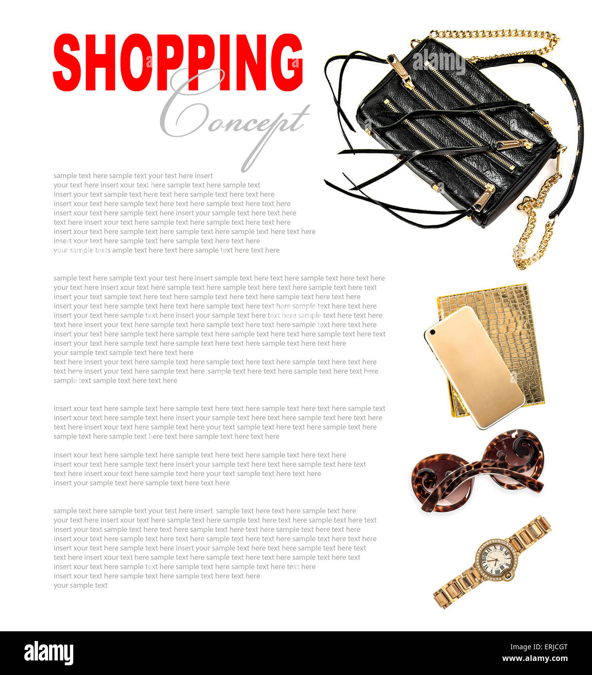 Il concetto di moda con business lady accessori. Shopping femminile di oggetti su sfondo bianco Foto Stock