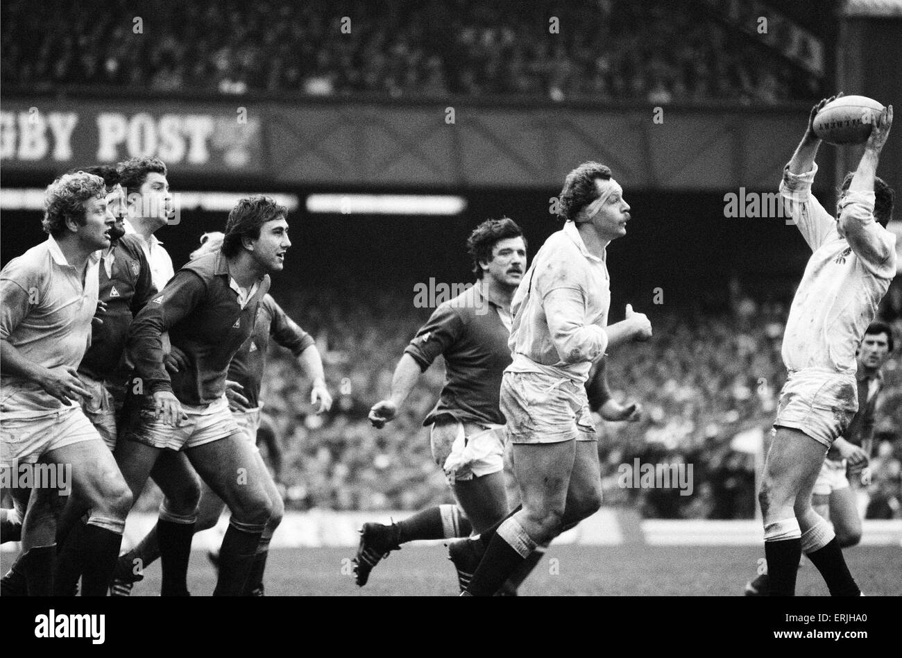 Il Rugby 5 Nazioni partita internazionale a Twickenham. Inghilterra 12 v Francia 16. Azione durante il match che coinvolgono l'Inghilterra del Bill Beaumont. Xxi Marzo 1981. Foto Stock