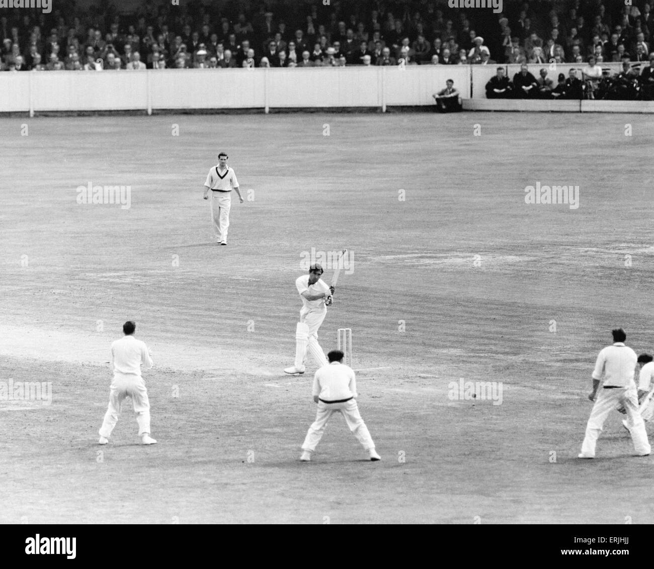 Inghilterra v Australia quinta prova corrisponde al ovale per le ceneri. Inghilterra battitore Denis Compton colpisce la vincita viene eseguito per trattenere le ceneri per l'Inghilterra. 19 agosto 1953. Foto Stock