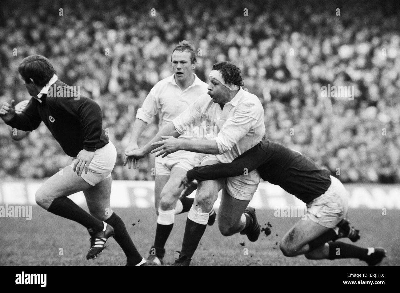 Il Rugby 5 Nazioni partita internazionale a Twickenham. Inghilterra 23 v Scozia 17. Azione durante il match che coinvolgono l'Inghilterra del Bill Beaumont. Il 21 febbraio 1981. Foto Stock