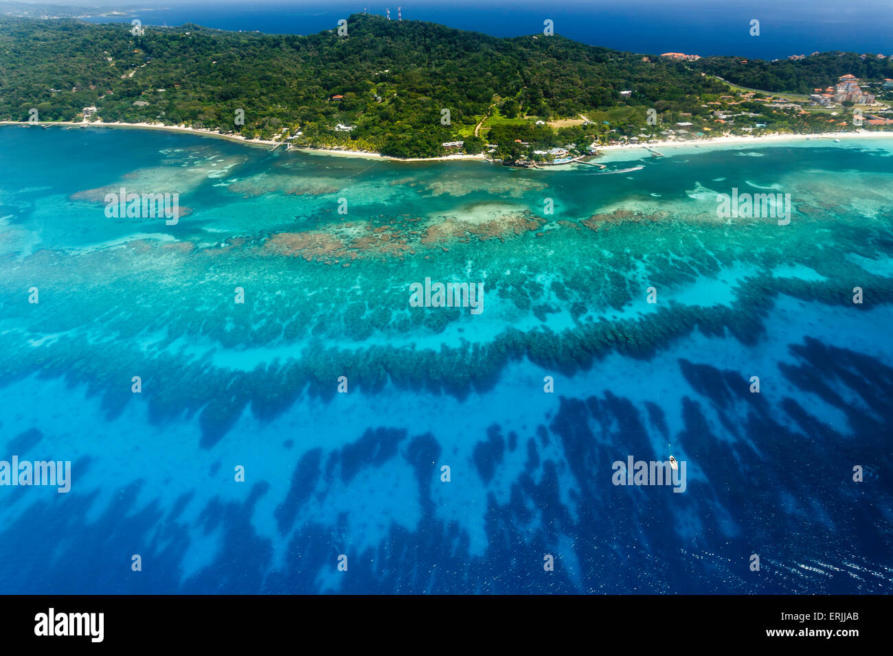 Immagine aerea Coral reef off shore di Roatan Island Foto Stock