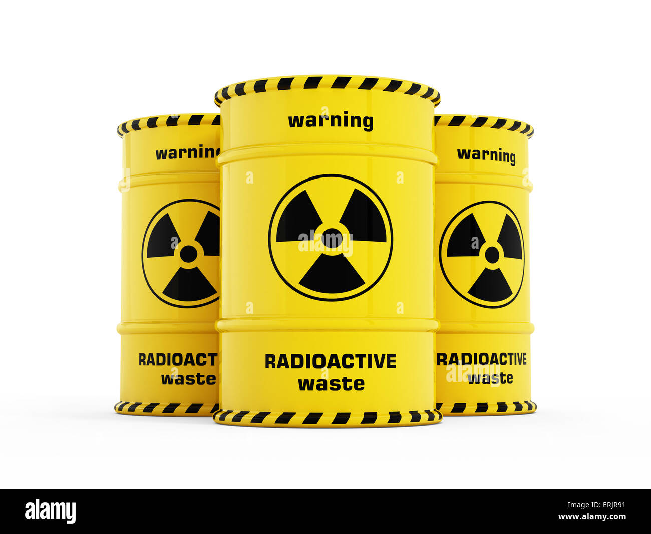 Giallo barili radioattivi stack con cartelli di avvertimento. Foto Stock