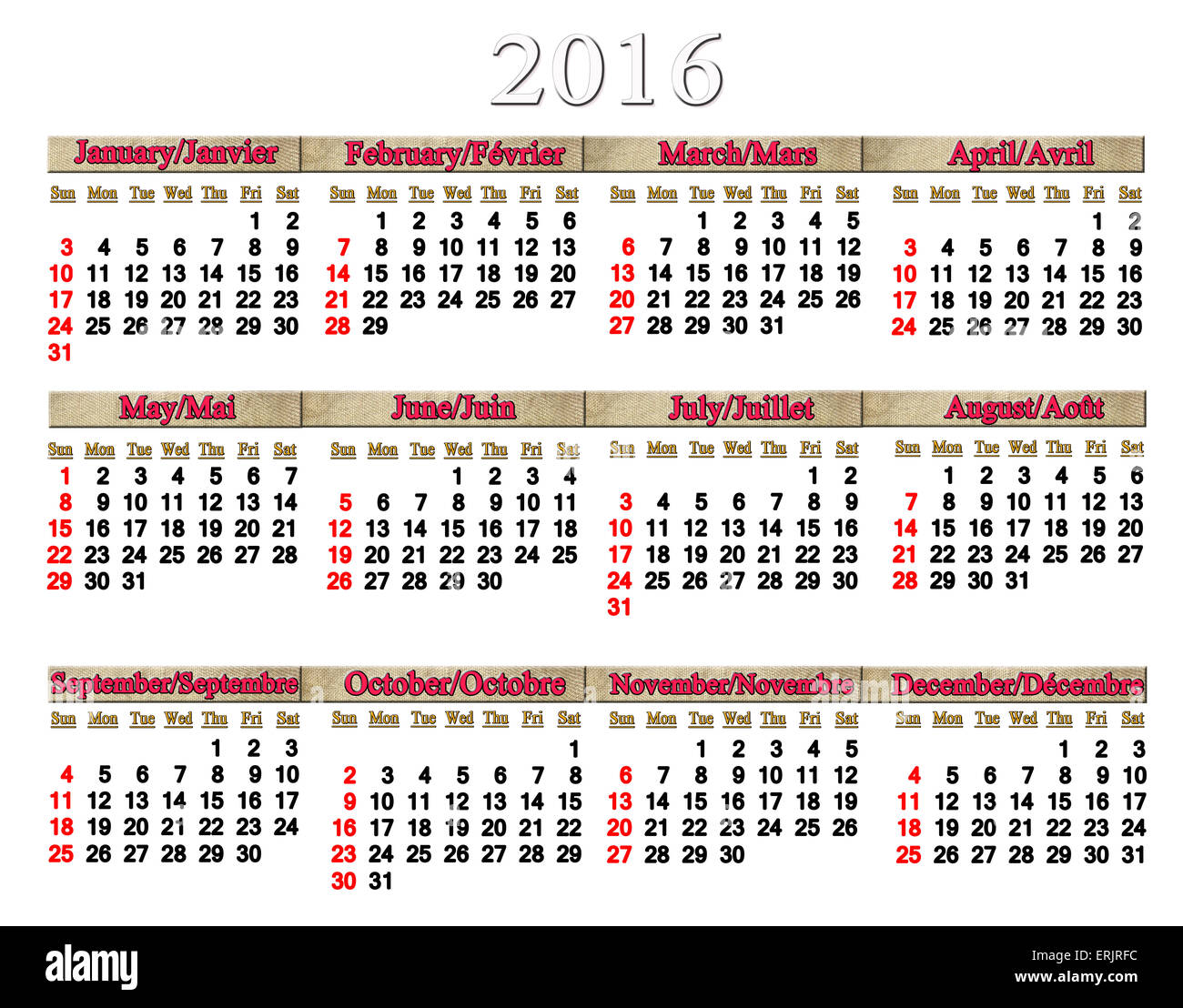 Calendario per il 2016 in francese e in inglese su sfondo bianco con i saccheggi nastri Foto Stock