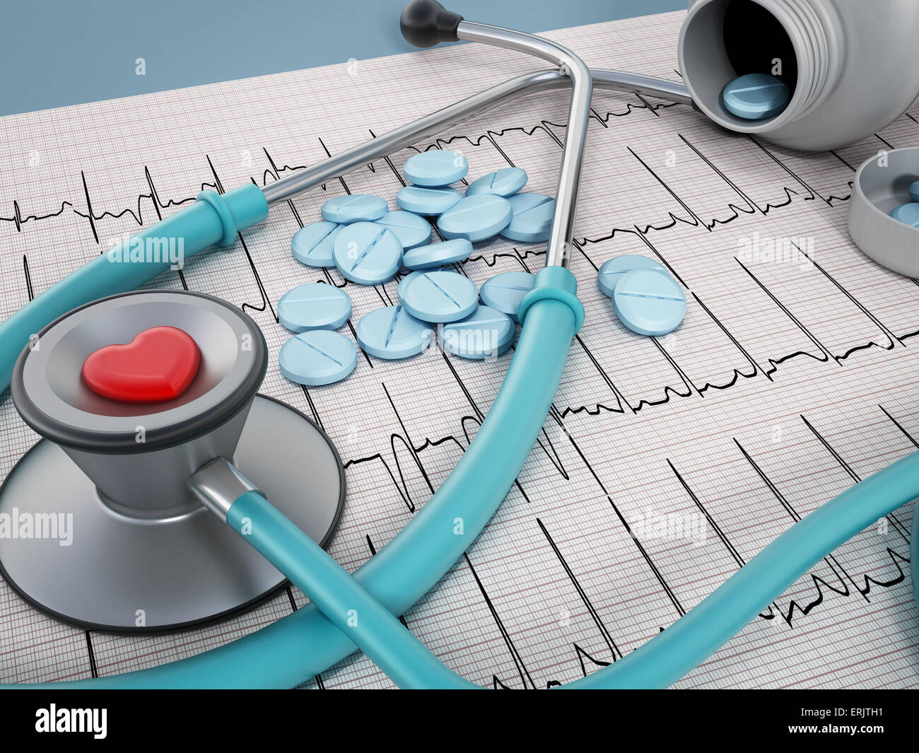 La salute del cuore concetto con pillole e stethocope su documenti di ECG. Foto Stock