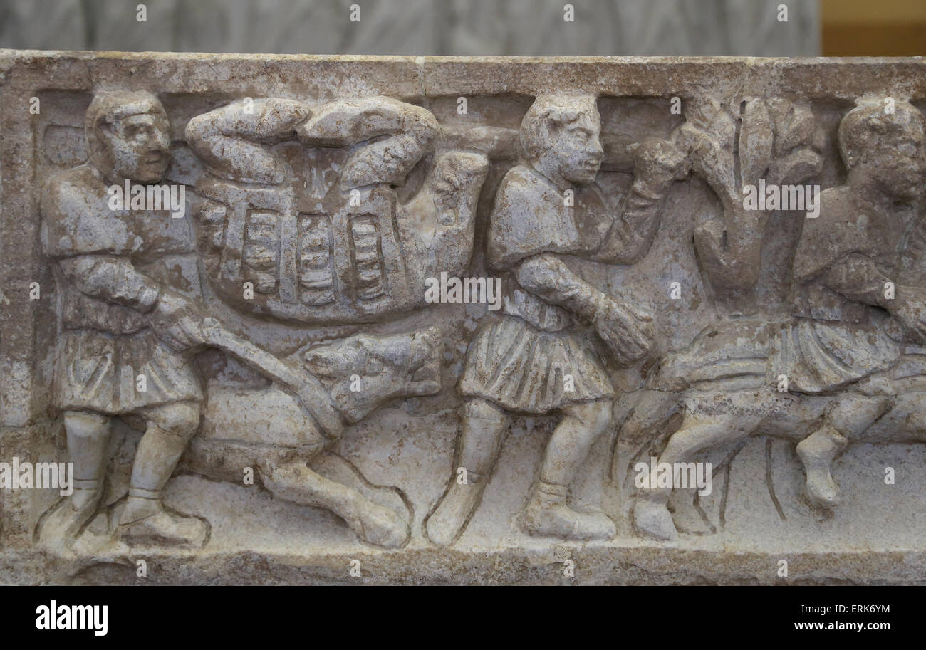 Sarcofago di Sabinus. Roman. Due cacciatori tenendo un cinghiale. Dei primi cristiani. Museo del Vaticano. Foto Stock