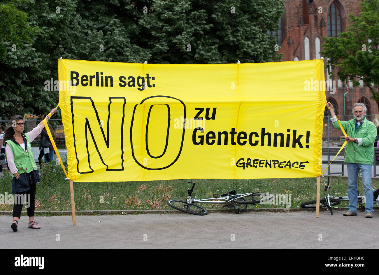 Banner giallo "No zu Gentechnik", "No a ingegneria genetica', Berlino, Germania Foto Stock