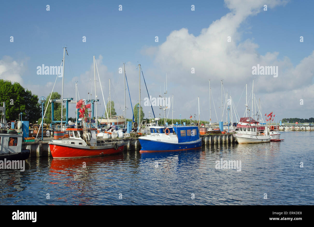 Barche da pesca in porto, Thiessow, Rügen, Mar Baltico, Meclemburgo-Pomerania, Germania Foto Stock