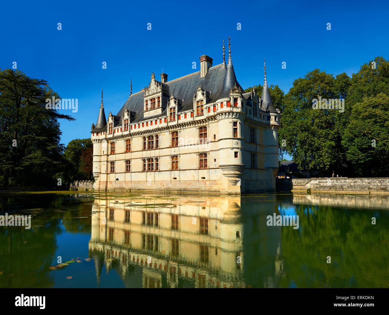 Renaissance Château d'Azay-le-Rideau e fossato, costruito 1518, Valle della Loira, Francia Foto Stock