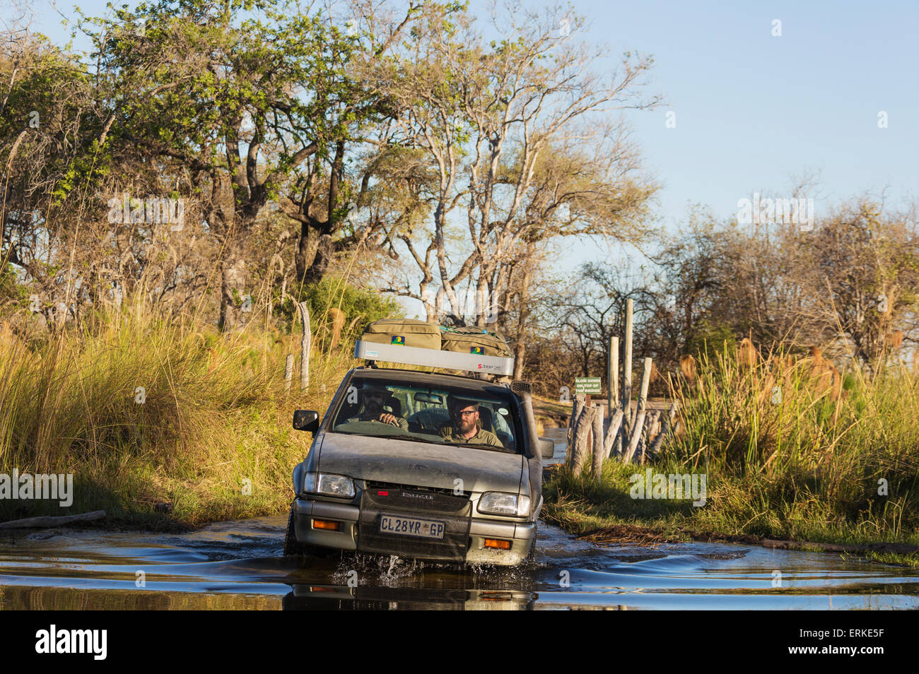A quattro ruote vettura che attraversa un fiume, strada in Okavango Delta conduce oltre il ponte di polo il terzo ponte, Moremi Game Reserve Foto Stock