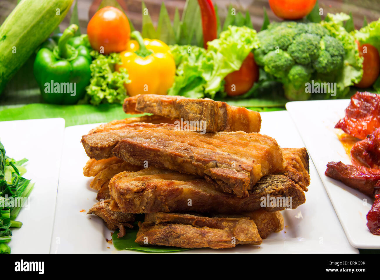 La carne di maiale croccante pancetta arrosto di maiale sfondo cinese Foto Stock
