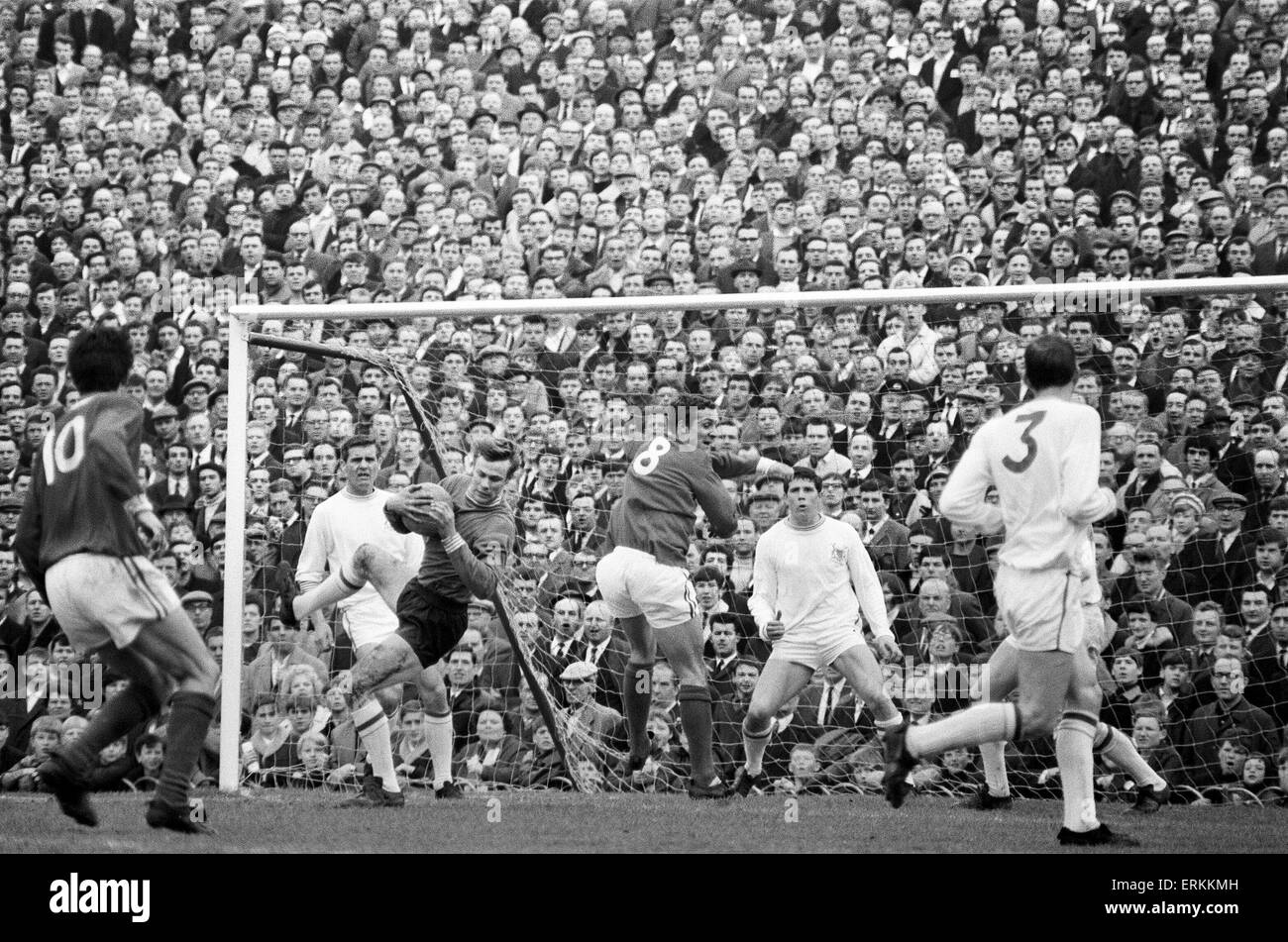 English League Division One corrispondono a Highbury. Arsenal 1 v Nottingham Forest 1. Portiere di foresta Pietro lamine Grummitt Arsenal scontrino John Radford. Il suo compagno di difensori sono, da sinistra, Bobby McKinlay, Peter Hindley e John Winfield. Il 22 aprile 1967. Foto Stock