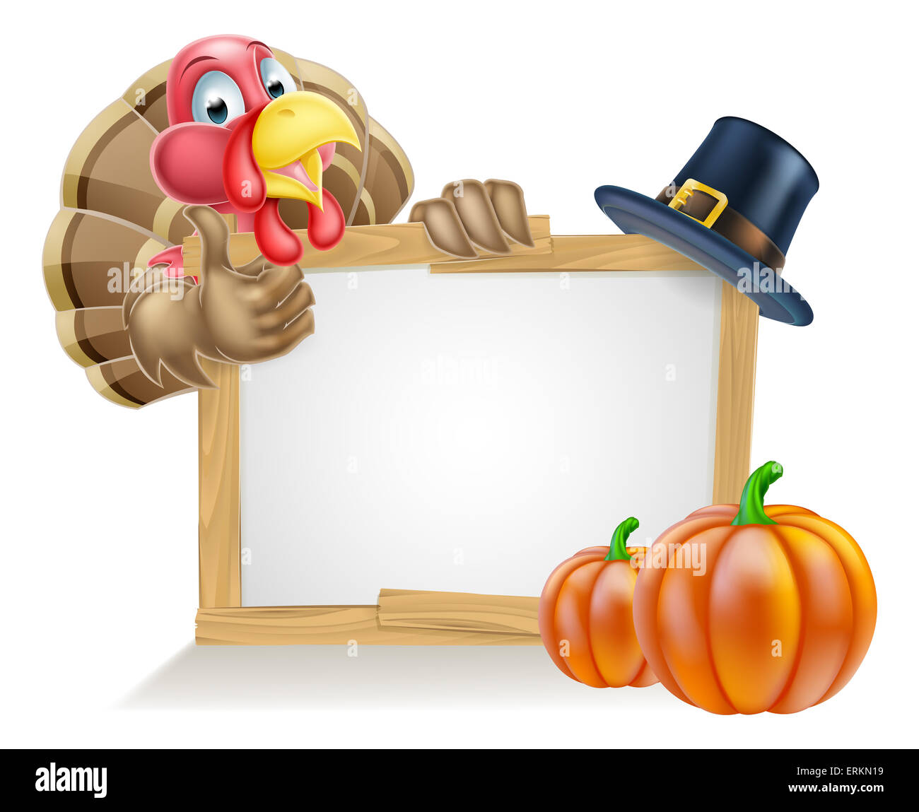 Segno con il cartoon ringraziamento turchia bird con un pellegrino o puritan ringraziamento hat e zucche Foto Stock