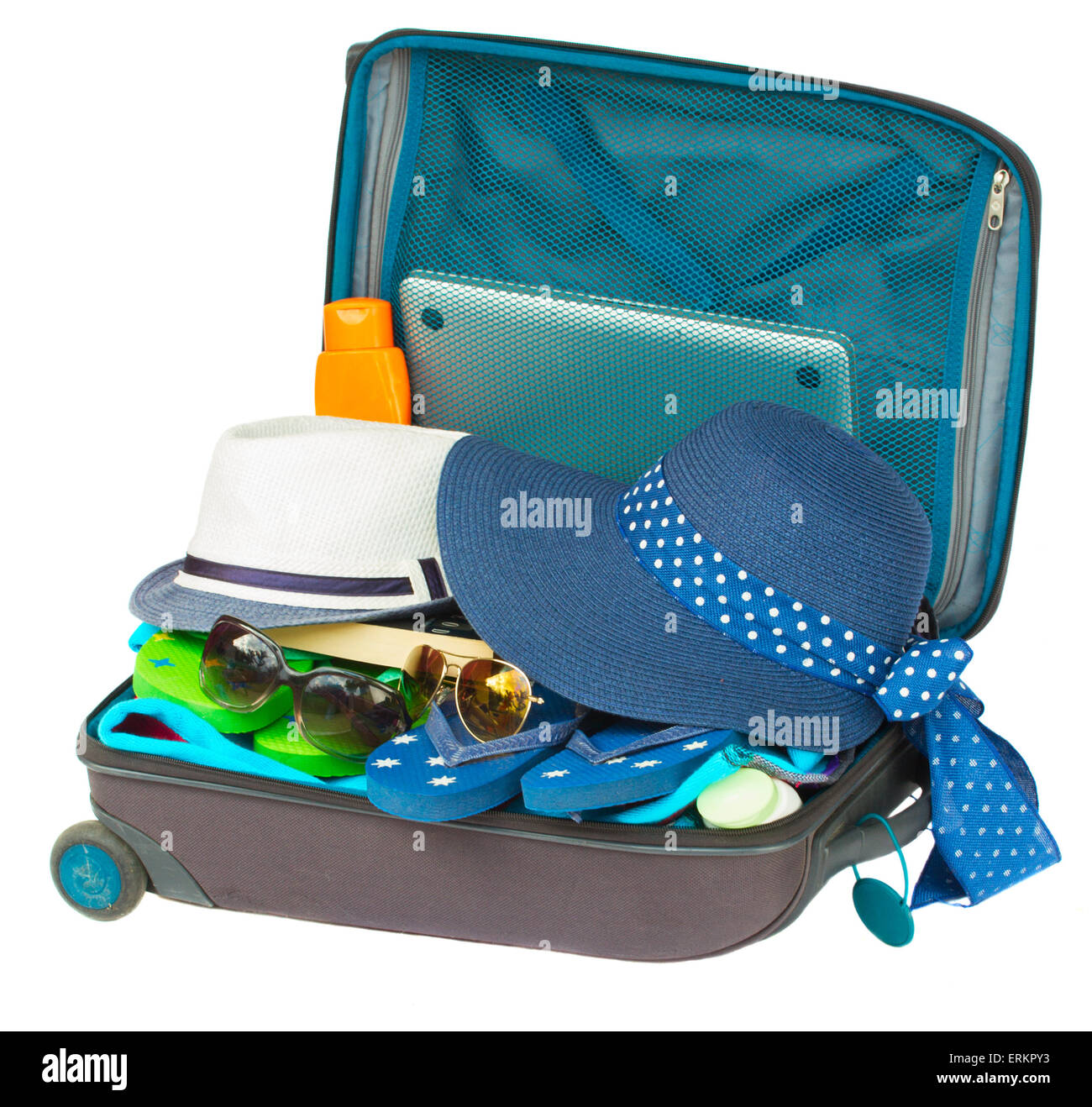 Aperto valigia blu Foto Stock