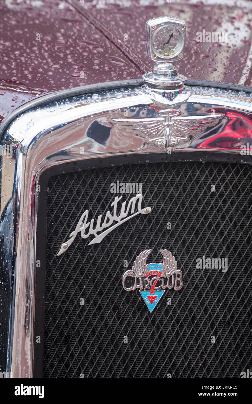 Parte anteriore del Austin sette classiche vecchia auto con Austin 7 Dorset Car Club badge sulla griglia e indicatore di temperatura del motore Foto Stock