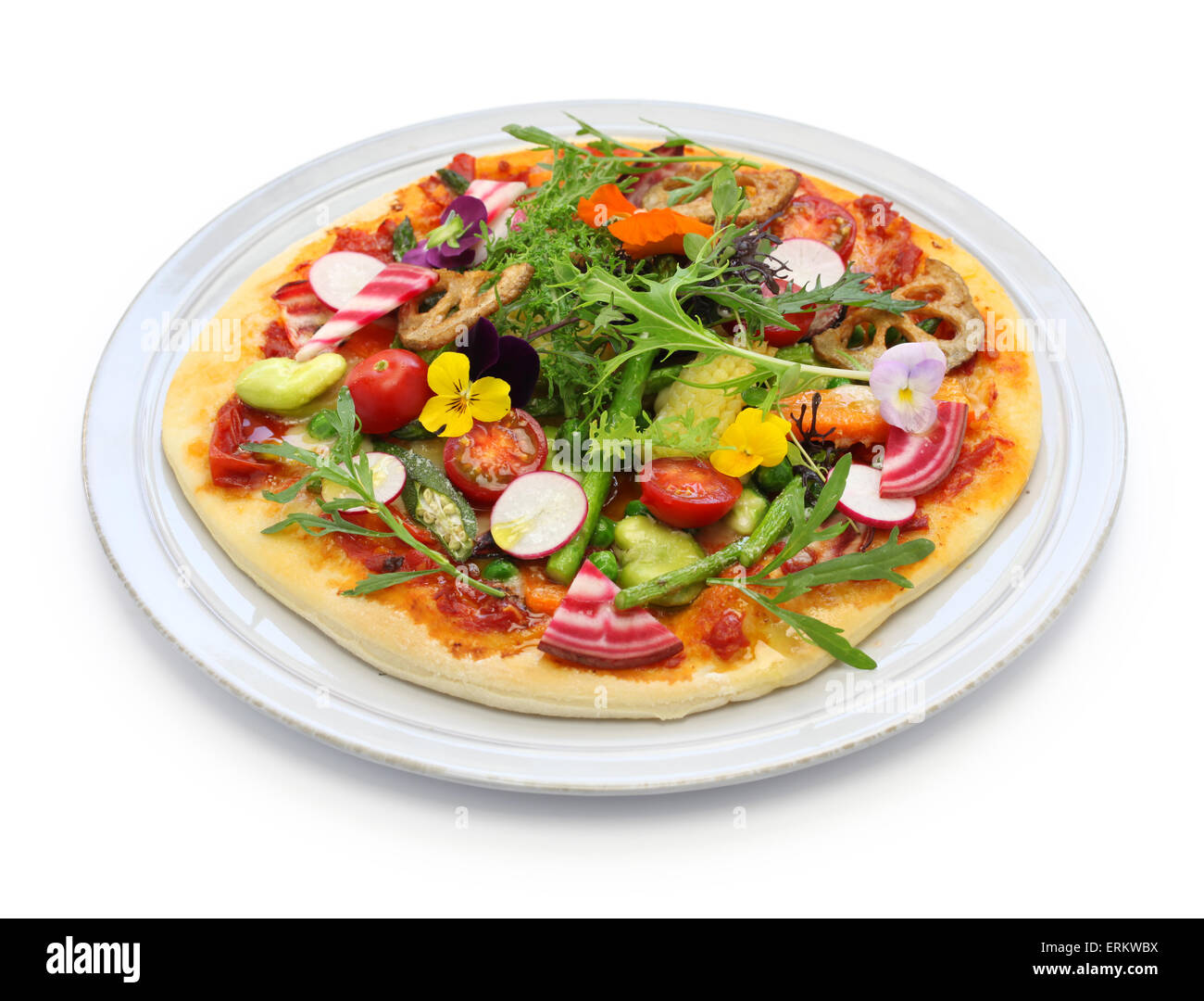 Sana pizza vegetale, cibo vegetariano isolati su sfondo bianco Foto Stock
