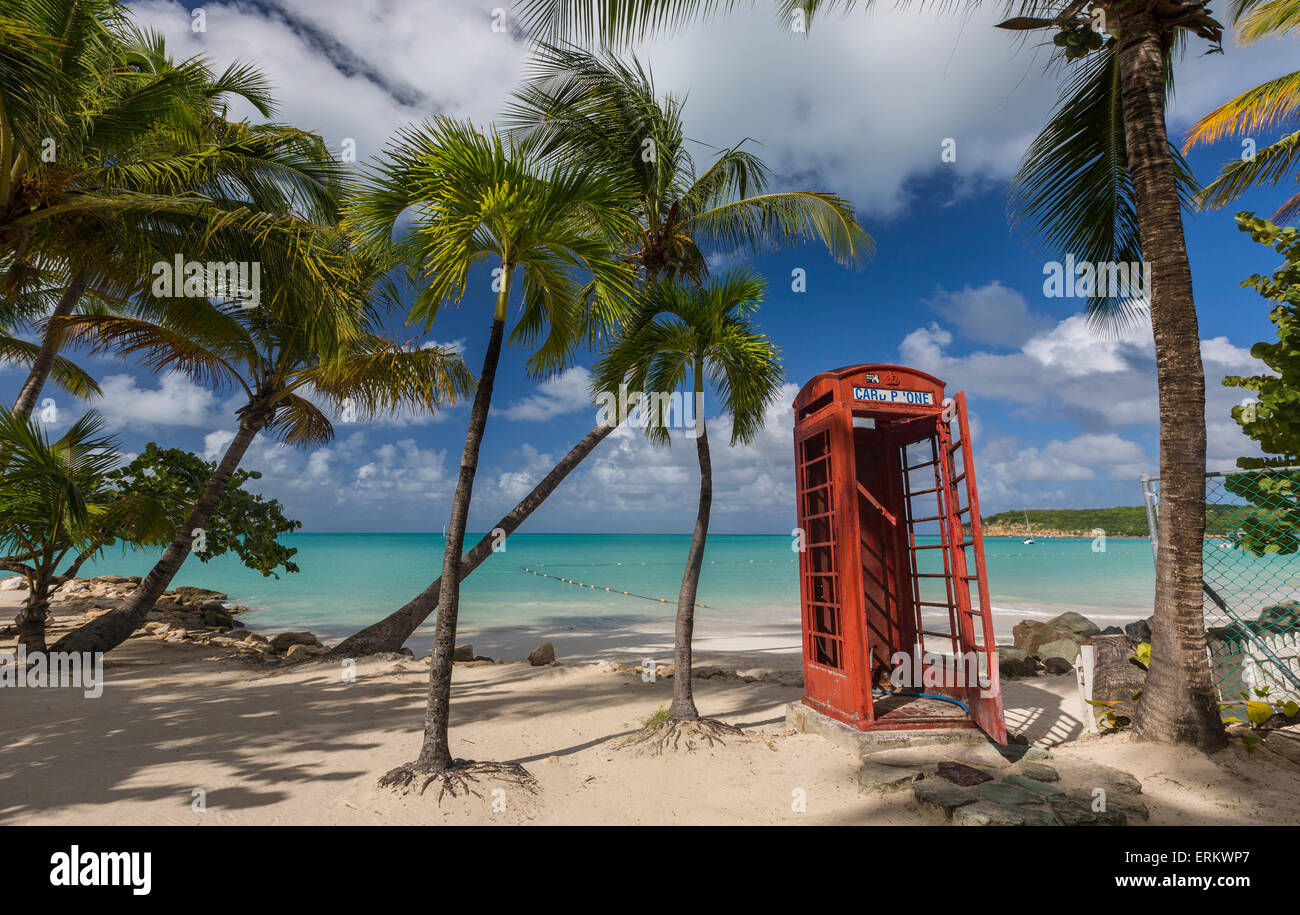Un telefono rosso casella sotto le palme da cocco che circondano Dickenson Bay, una striscia di sabbia che si affaccia sul Mare dei Caraibi, Antigua Foto Stock