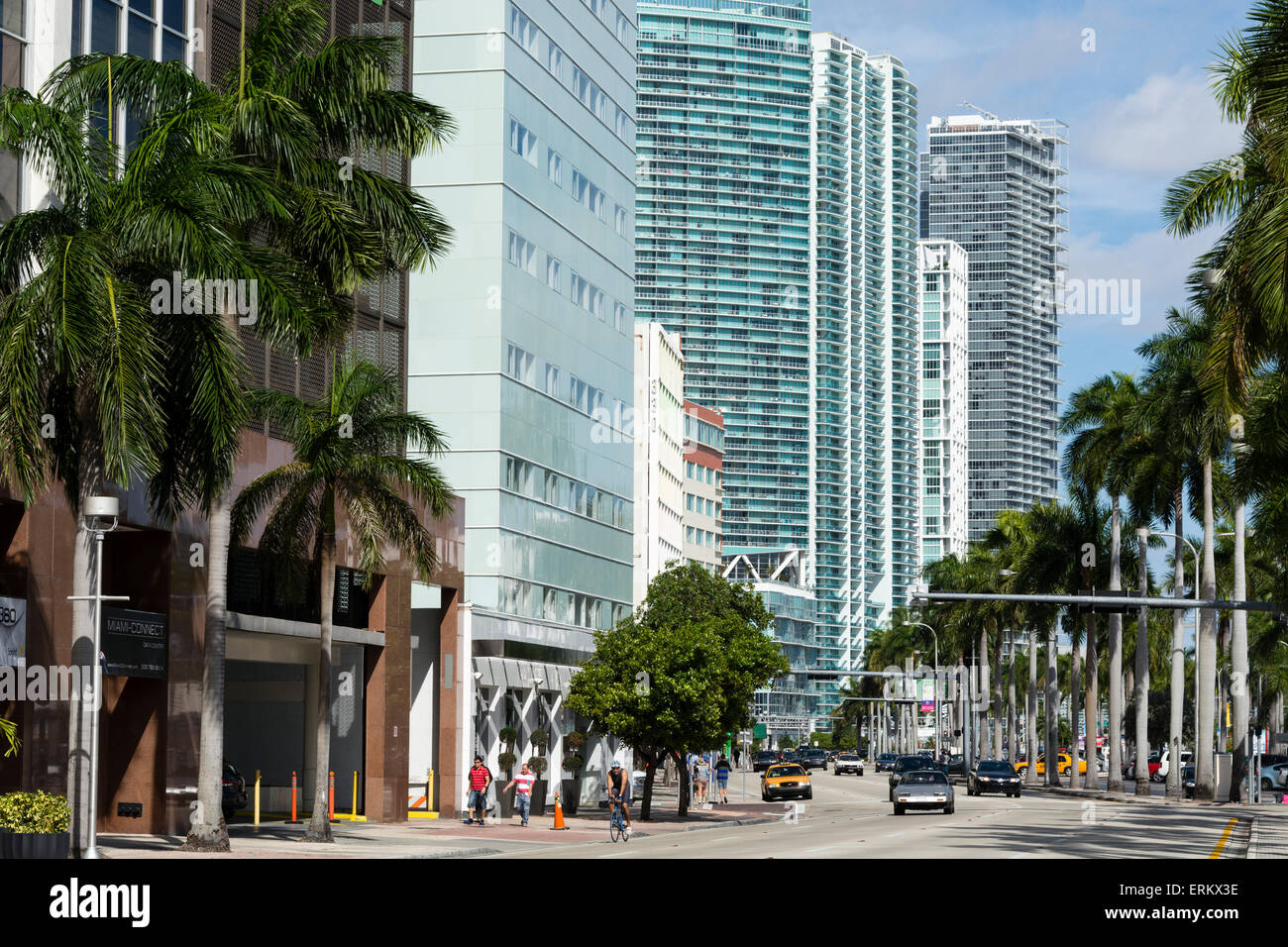 Moderni edifici lungo la Biscayne Boulevard, Downtown Miami, Miami, Florida, Stati Uniti d'America, America del Nord Foto Stock