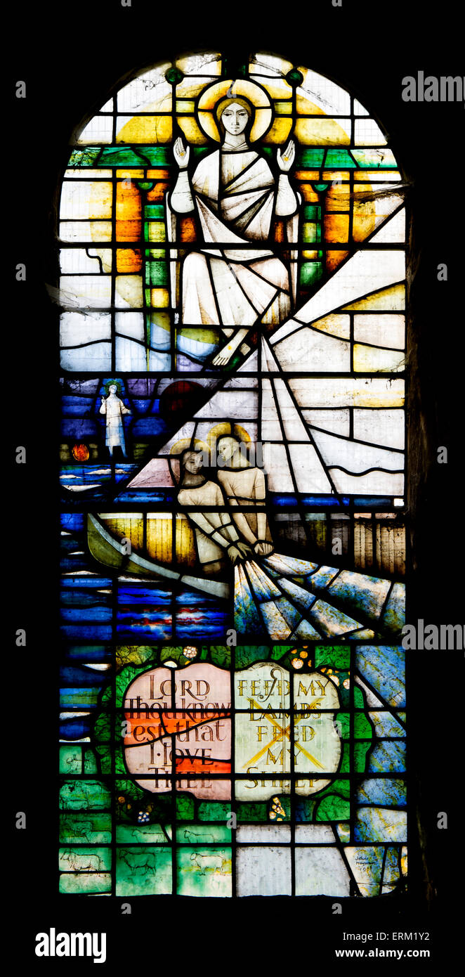 La sua commissione in vetro colorato, Priory chiesa di San Pietro, Dunstable, Bedfordshire, England, Regno Unito Foto Stock