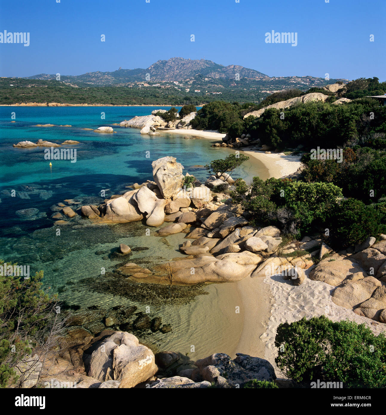 Vista della spiaggia, Capo Capaccia, Costa Smeralda, Sardegna, Italia, Europa Foto Stock