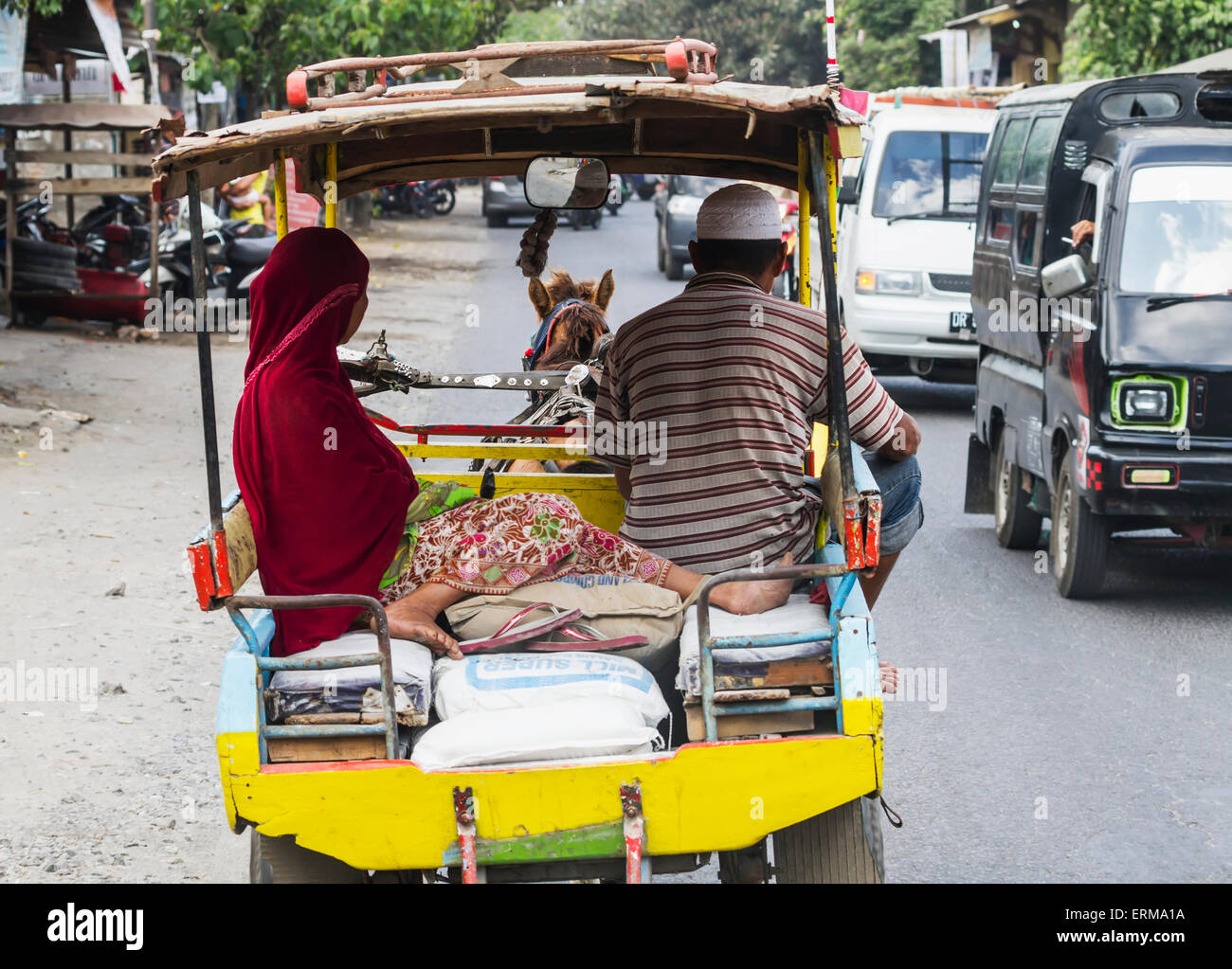 Giovane su un cidomo, una carrozza trainata da cavalli, Lombok, West Nusa Tenggara, Indonesia Foto Stock