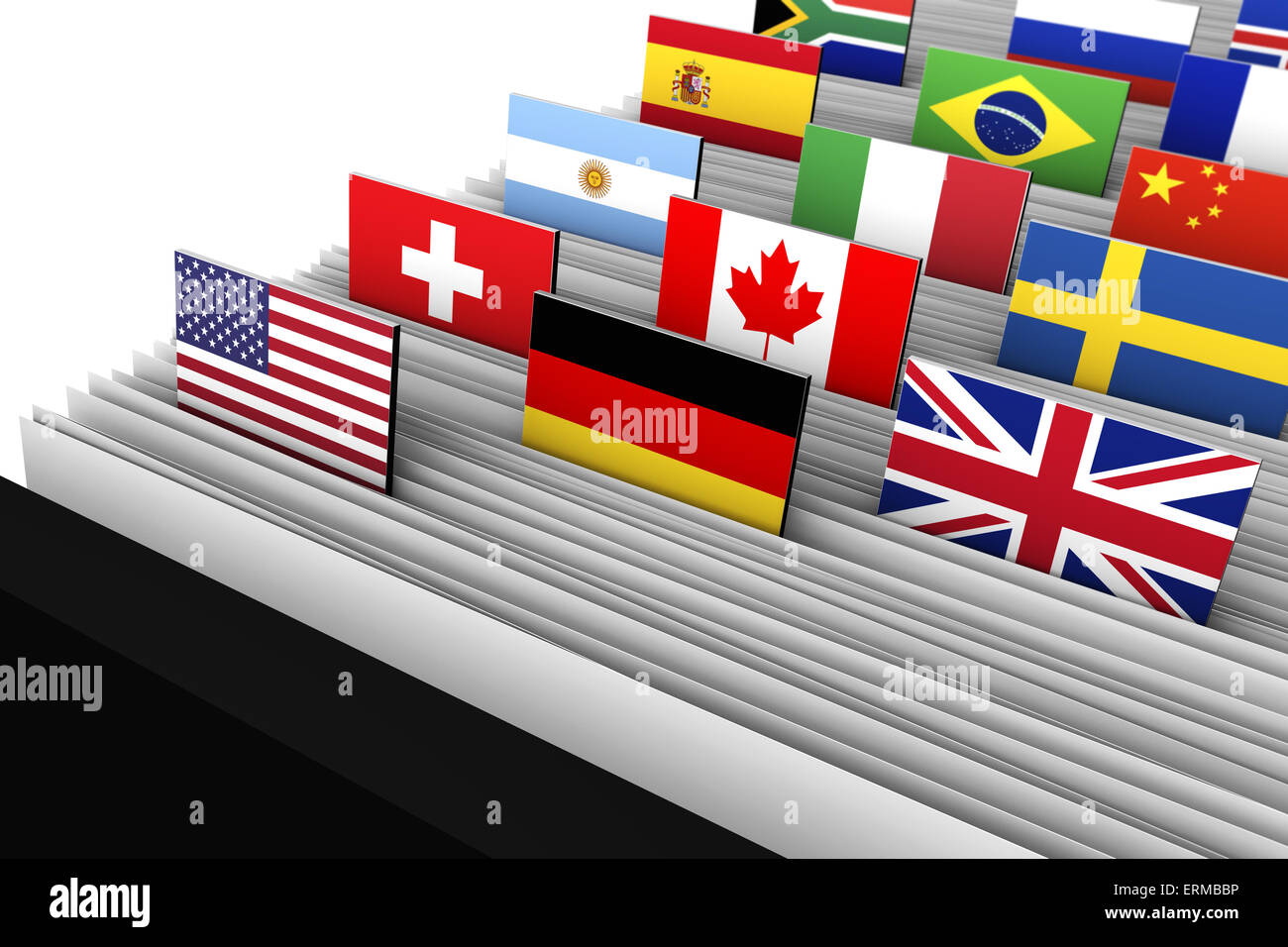 Il business internazionale e globale il concetto di mercato con un cliente directory di file, file di documento e bandiere internazionali. Foto Stock