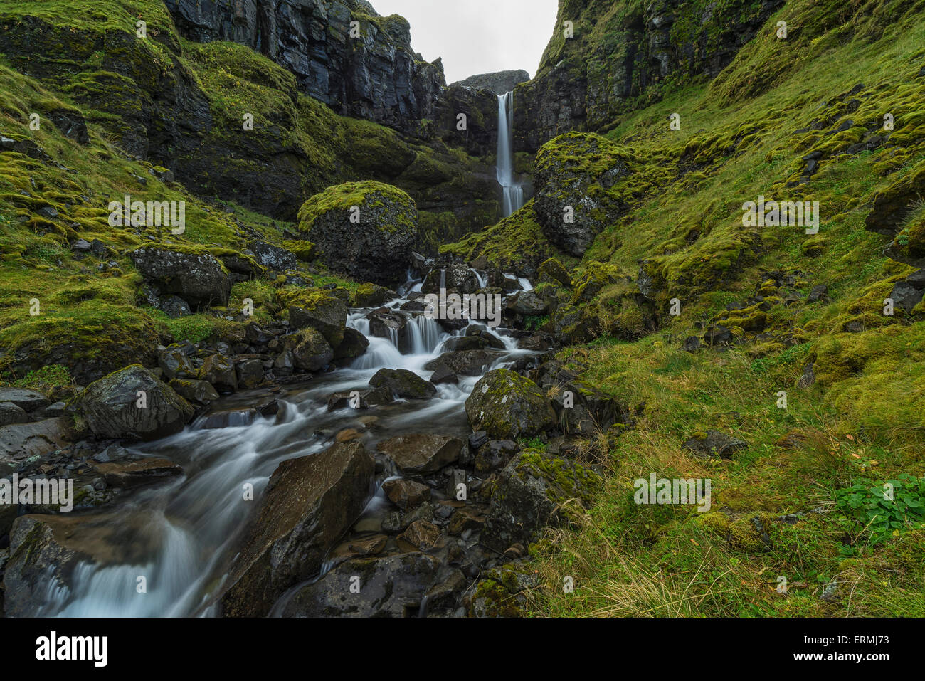 Piccola corrente in esecuzione fuori da una scogliera lungo una zona denominata la penisola Snaefellsness; Islanda Foto Stock