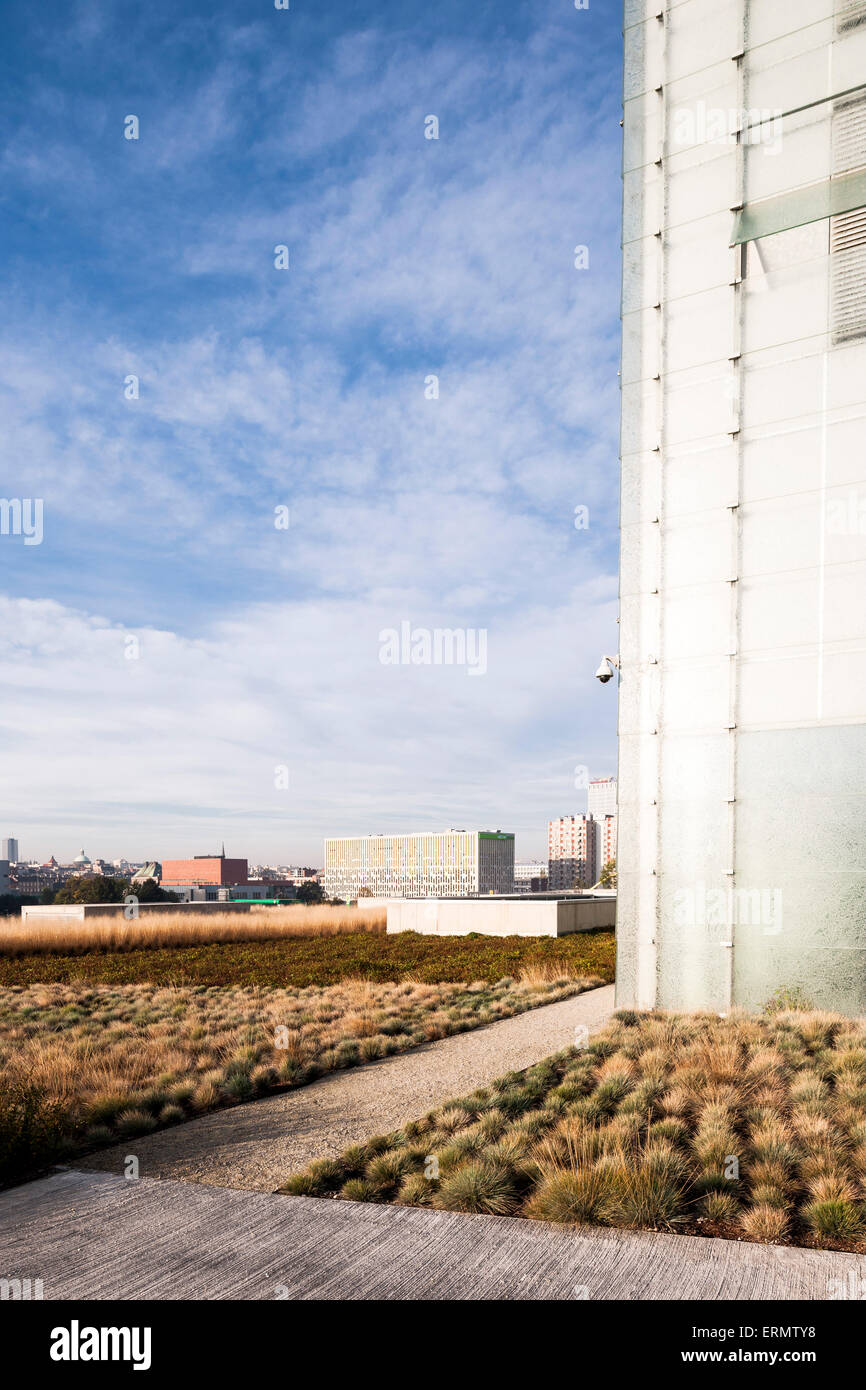 Il pannello di vetro dettaglio con paesaggio al di là. Museo di Slesia a Katowice, Polonia. Architetto: Riegler Riewe Architekten , 2014. Foto Stock