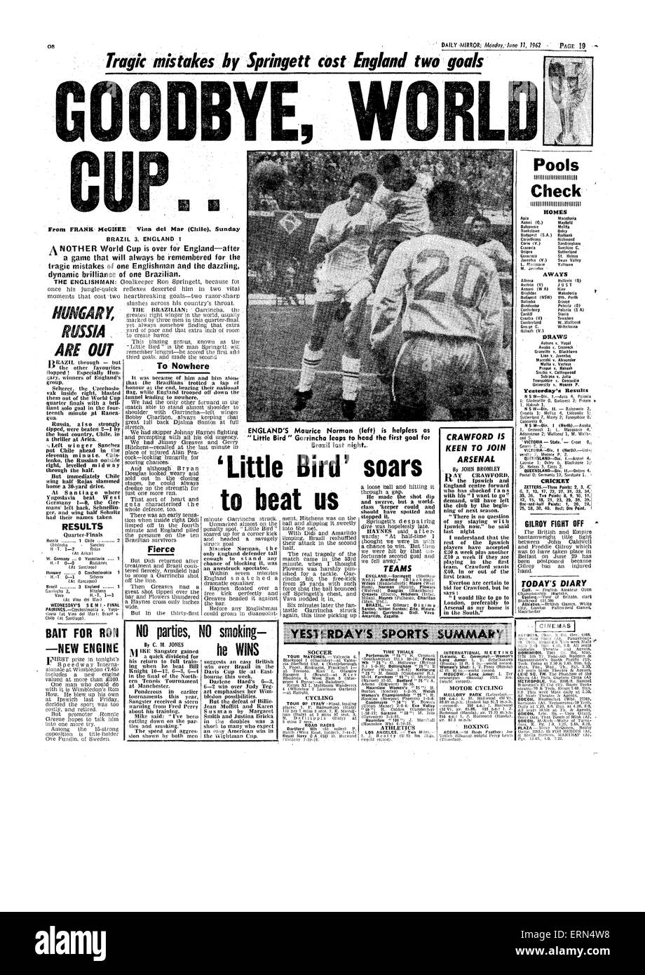 Tabellino del Brasile v Inghilterra World Cup Match in Vina del Mar, Cile.La partita si è conclusa con un tre una vittoria per il Brasile a bussare Inghilterra fuori della concorrenza. 11 Giugno 1962 Foto Stock
