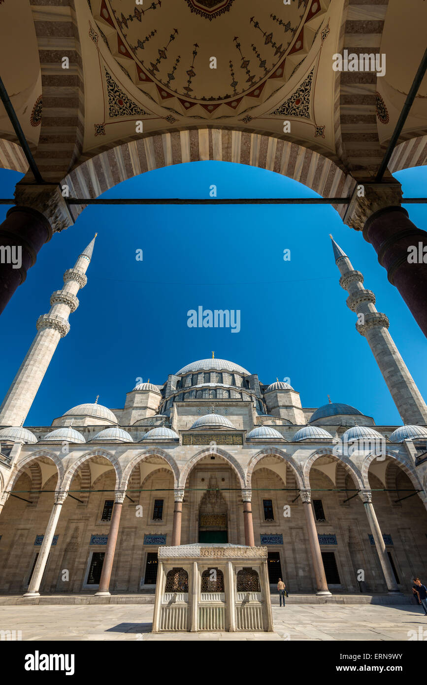 Cortile interno a basso angolo di vista della Moschea Suleymaniye, Istanbul, Turchia Foto Stock