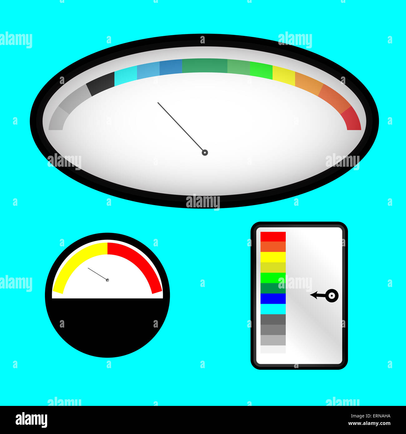 Set di indicatori colorati con indicatore di spettrale. La misurazione e il puntatore, pannello di controllo, il vettore illustrazione grafica Foto Stock