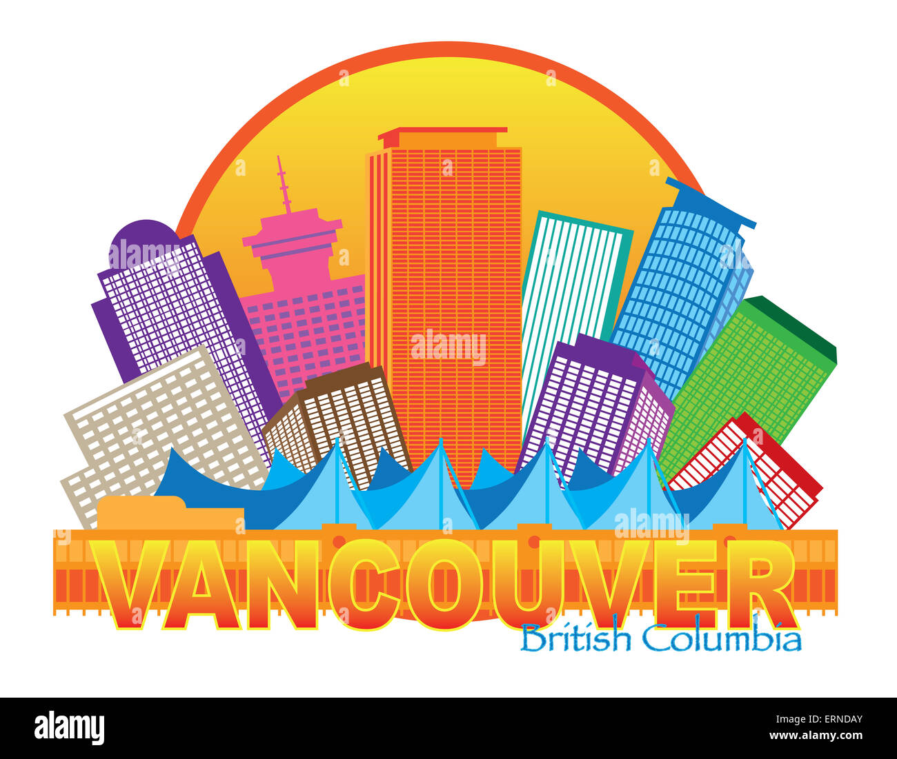 Vancouver British Columbia Canada skyline della città all'interno del cerchio Illustrazione a colori Foto Stock