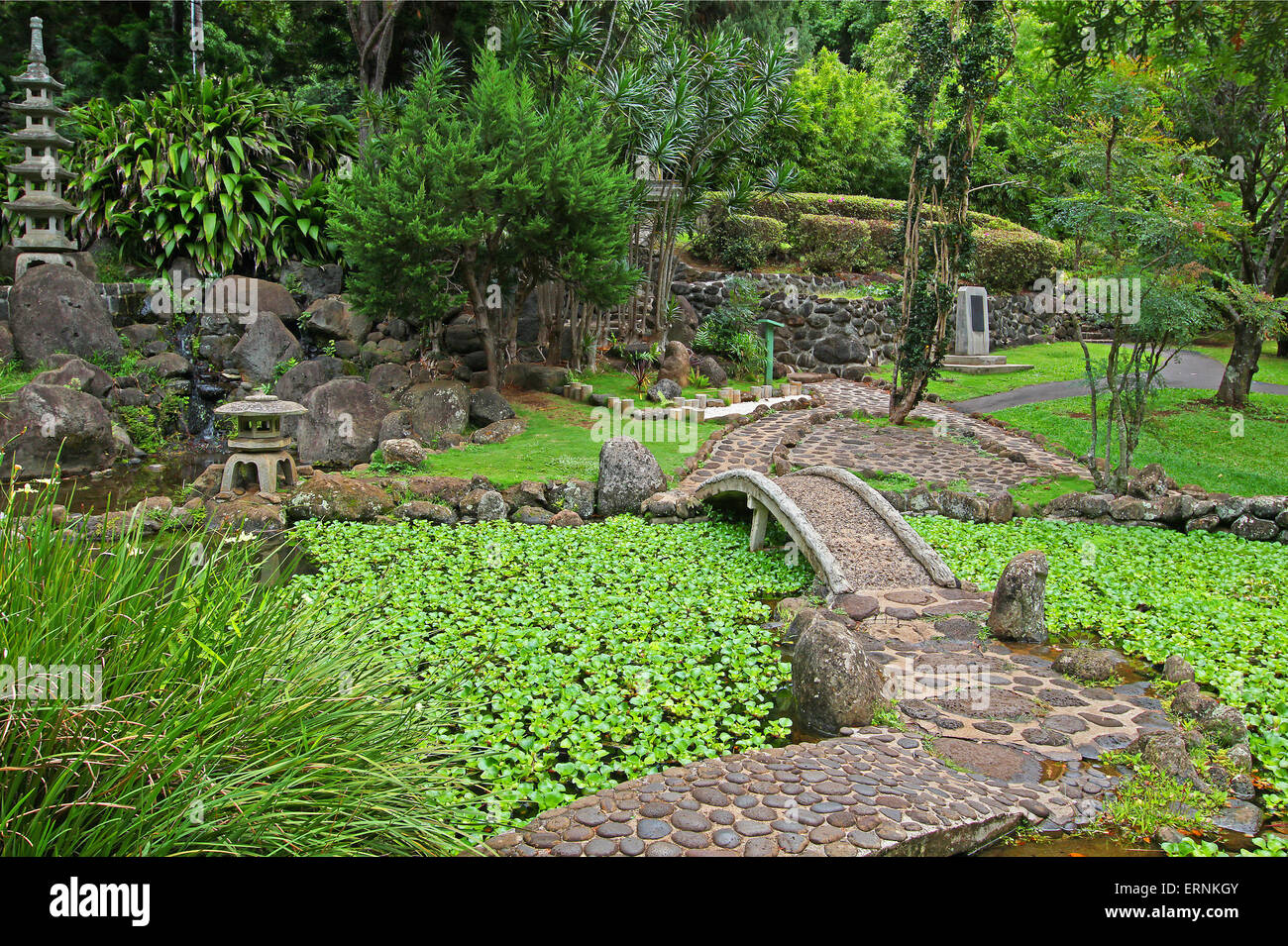 Un giardino giapponese con laghetti koi nella Valle di Iao a Maui, Hawaii. Foto Stock