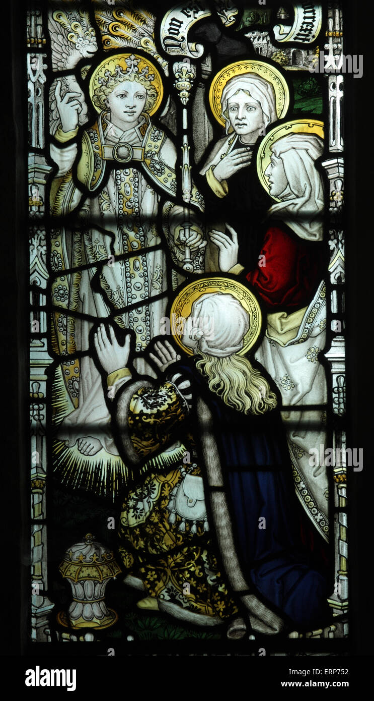 Una finestra di vetro colorato dai Kempe Studios che raffigura le tre Maries alla Tomba vuota di Jesus, la Chiesa di Blatherwycke, Northamptonshire Foto Stock