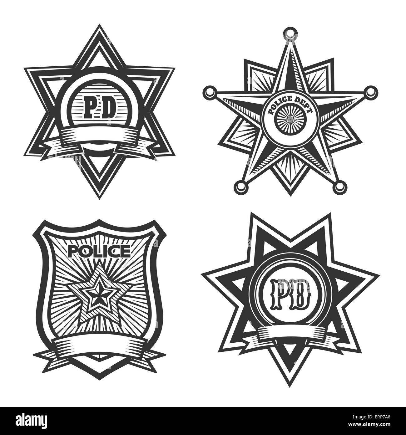 Badge di polizia set. Isolato in bianco e nero su sfondo bianco. Gratuito solo font utilizzato. Illustrazione Vettoriale