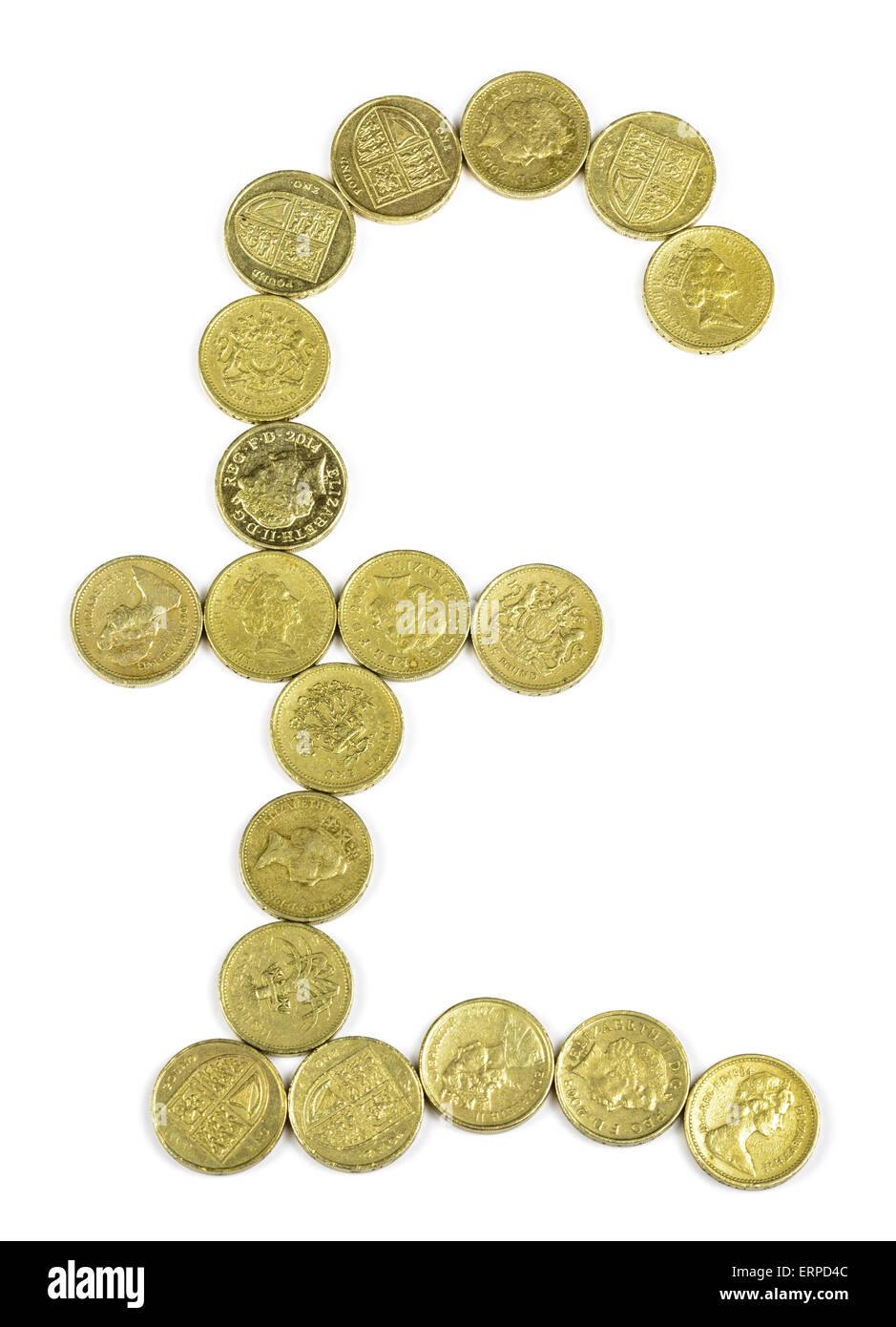 Il segno del cancelletto realizzato dal British pound monete su uno sfondo bianco. Foto Stock