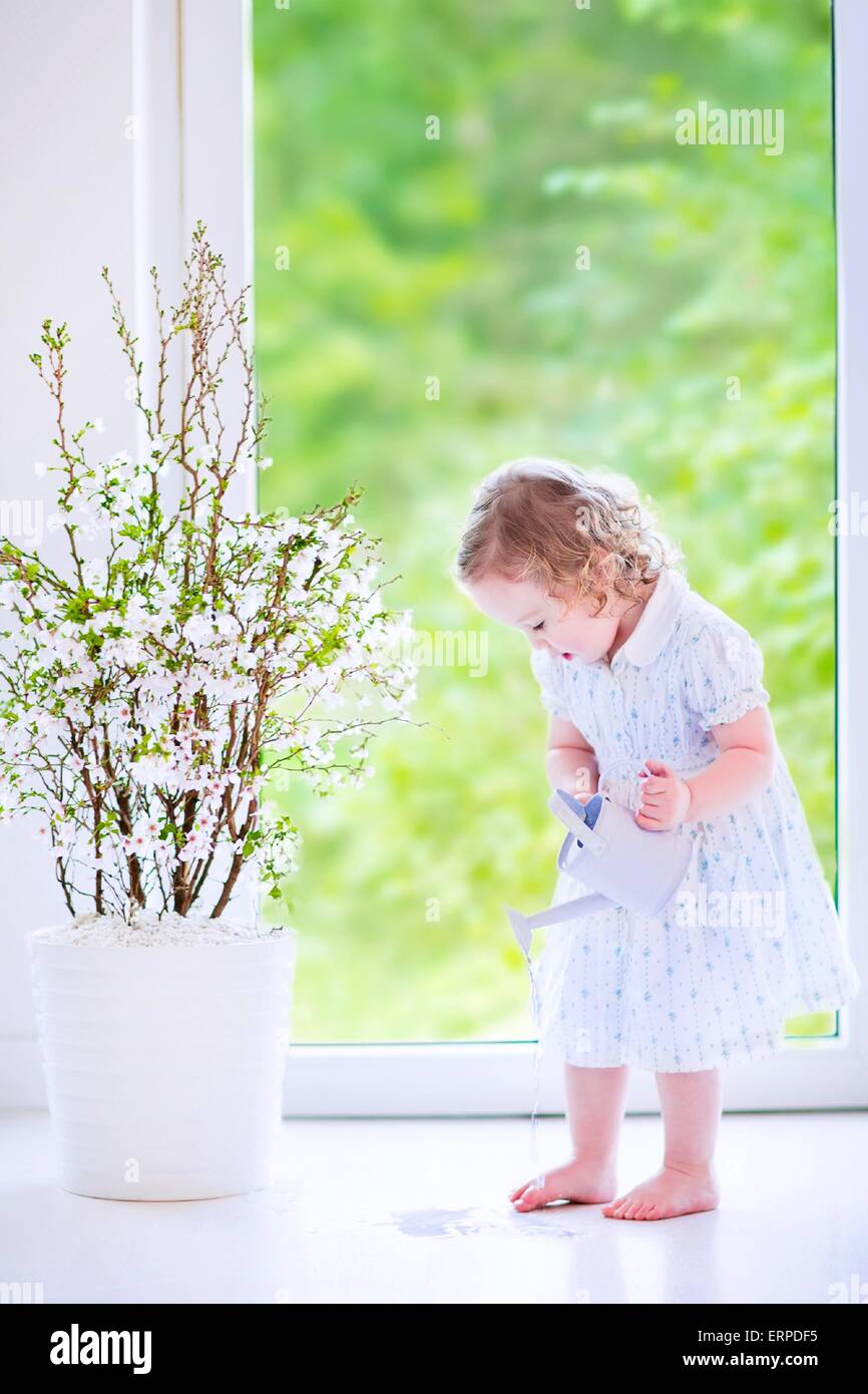 Carino bambina, funny toddler con capelli ricci indossando un azzurro vestito festivo, fiori di irrigazione - Cherry Blossom tree Foto Stock