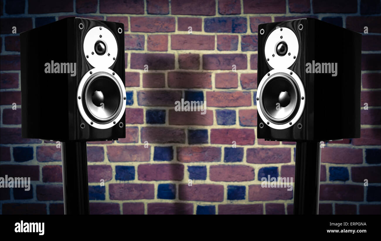 Black Music Speakers contro un muro di mattoni sfondo Foto Stock