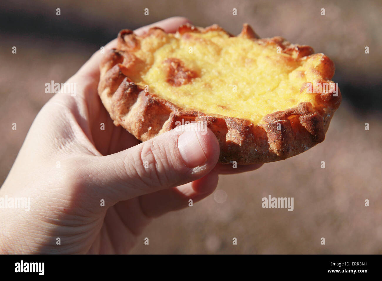 Karelian tradizionale torta di riso con riempimento in mano maschio, closeup foto con messa a fuoco selettiva Foto Stock