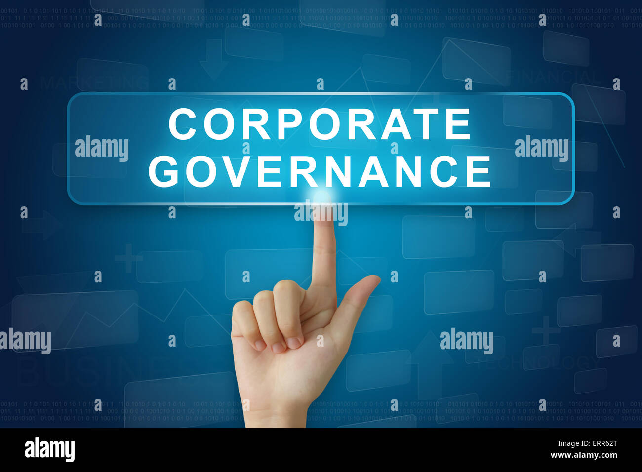 Premere a mano sulla corporate governance o CG pulsante sullo schermo virtuale Foto Stock