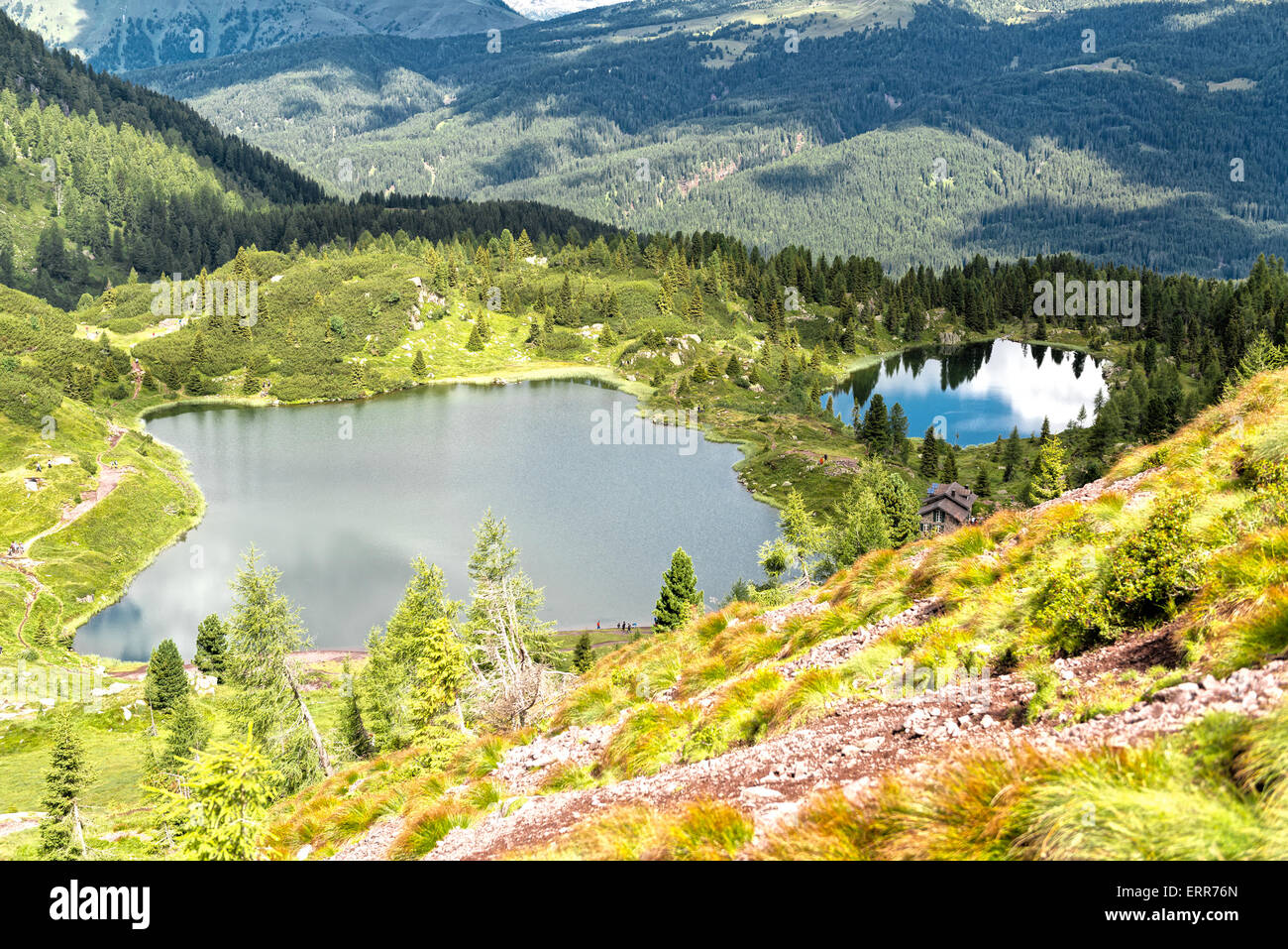 Vista aerea dei laghi di Colbricon nei pressi del Passo Rolle in una bella giornata estiva, Trentino - Italia Foto Stock
