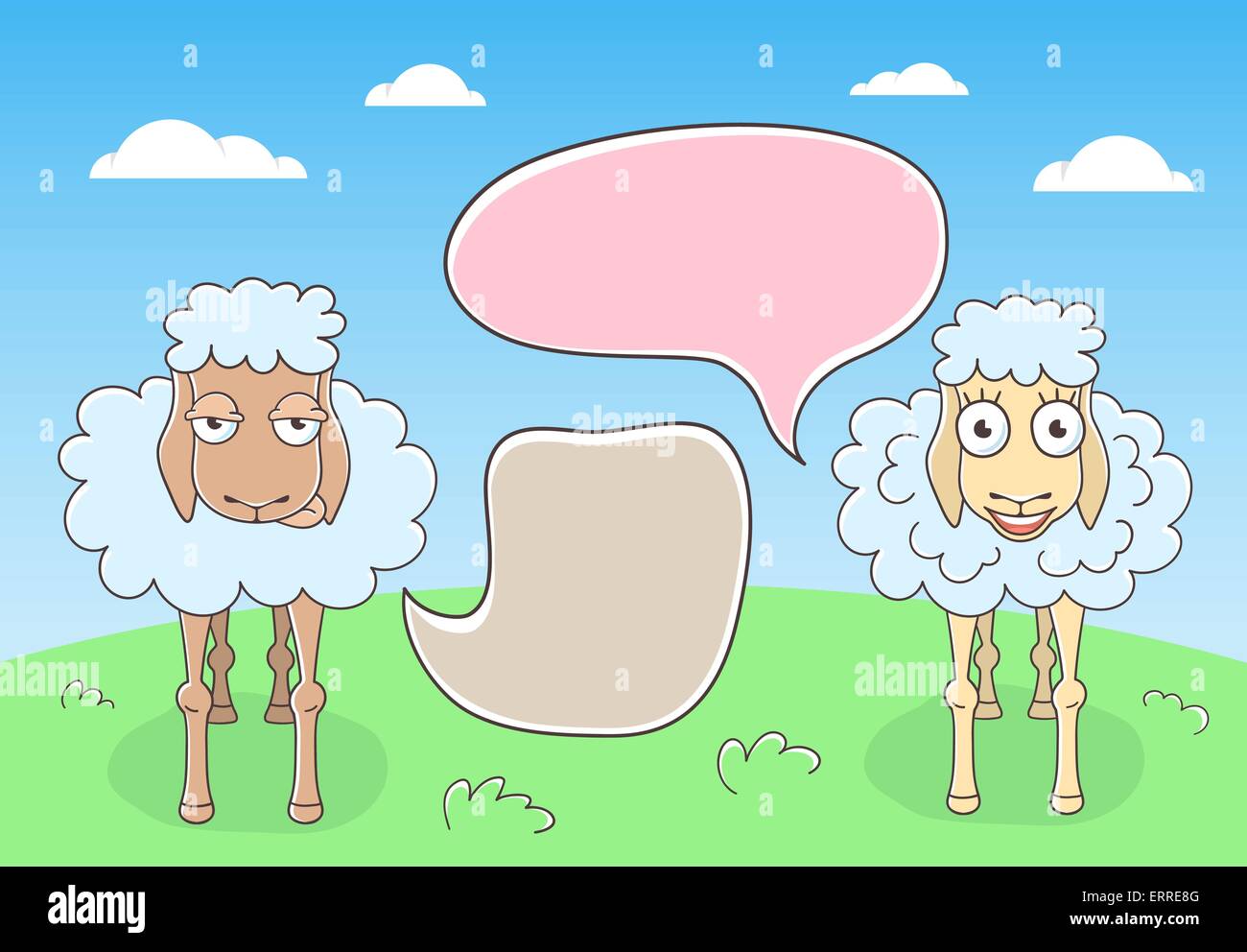 Vector cartoon disegnati a mano illustrazione della conversazione di due pecore con colorati fumetti. Illustrazione Vettoriale