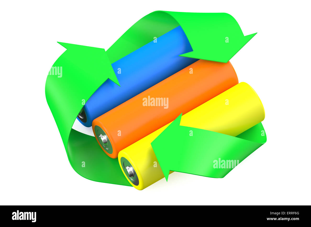 Batterie multicolori con riciclo di simbolo isolato su sfondo bianco Foto Stock