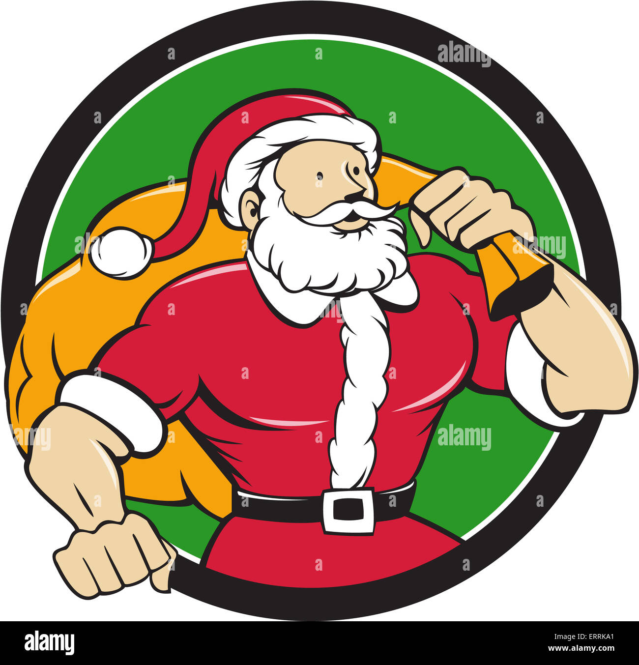 Lo stile del fumetto illustrazione di un super muscolare santa claus san nicola babbo natale che trasportano il sacco sulla spalla cercando Foto Stock