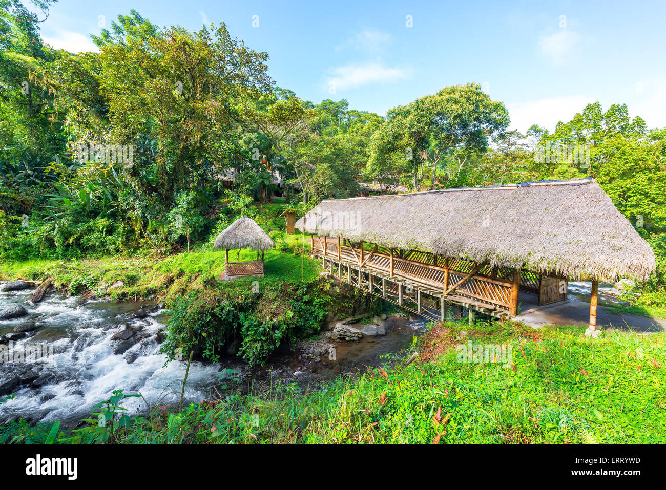 Cerca rustico ponte con un tetto di paglia che attraversa un fiume in una nube foresta vicino a Mindo, Ecuador Foto Stock