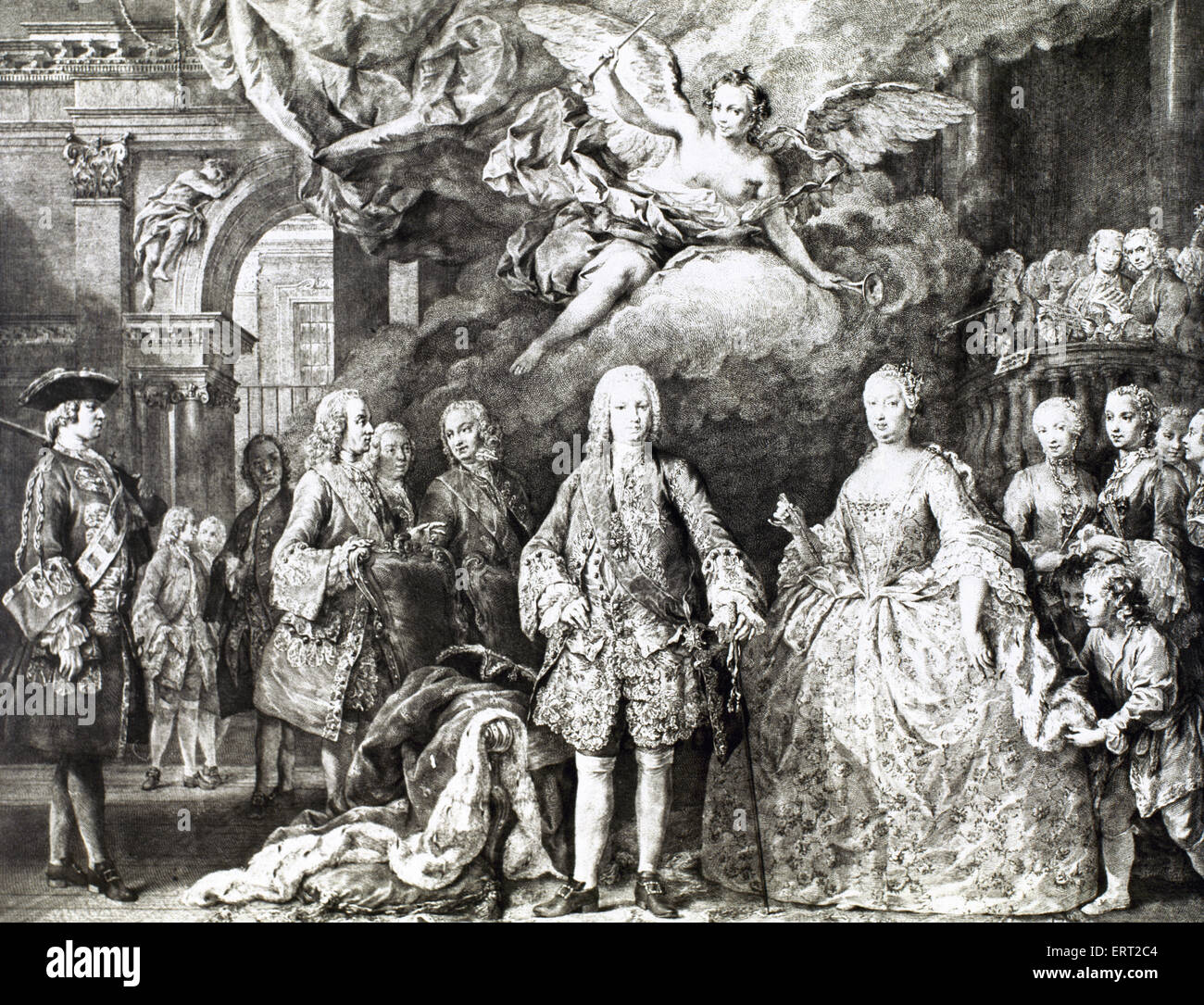 Ferdinando VI di Spagna (1713-1759). La imparato. Re di Spagna. Ferdinando VI e sua moglie Barbara di Braganza e la sua corte. Incisione del XVIII secolo. Foto Stock