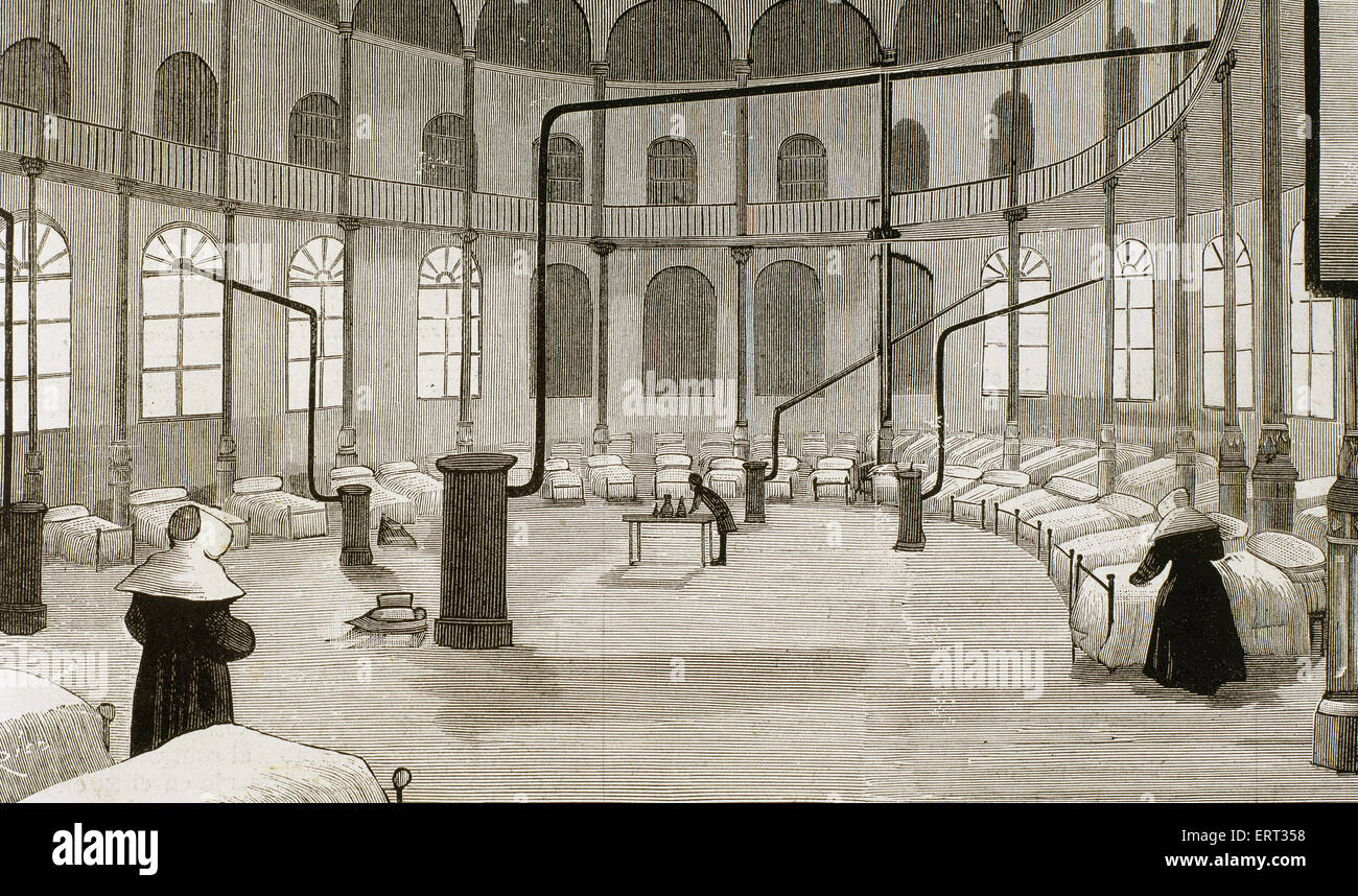 Spagna. Madrid. Ospedale installato presso il Palazzo delle Belle Arti in occasione dell'epidemia di colera che ha minacciato la città nel 1890. Le donne di camera. Incisione. Foto Stock