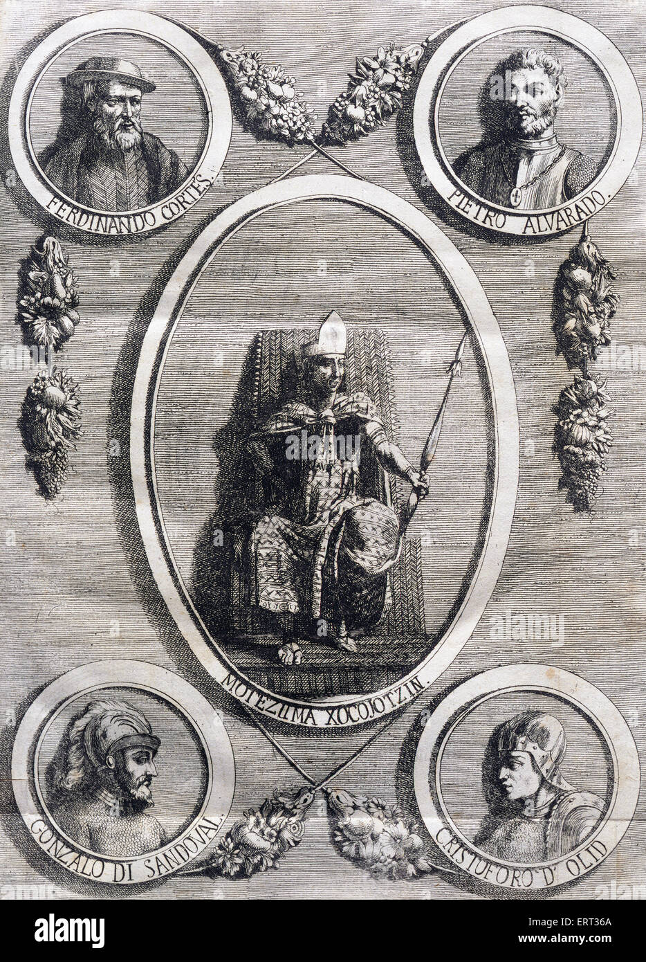 Vincitori e vinti. Moctezuma II (1467-1520), Hernan Cortes (1485-1547), Pedro de Alvarado (1485-1541), Gonzalo de Sandoval (1497-1527) e Olid (1488-1524). Incisione Italiana del XIX secolo. Foto Stock