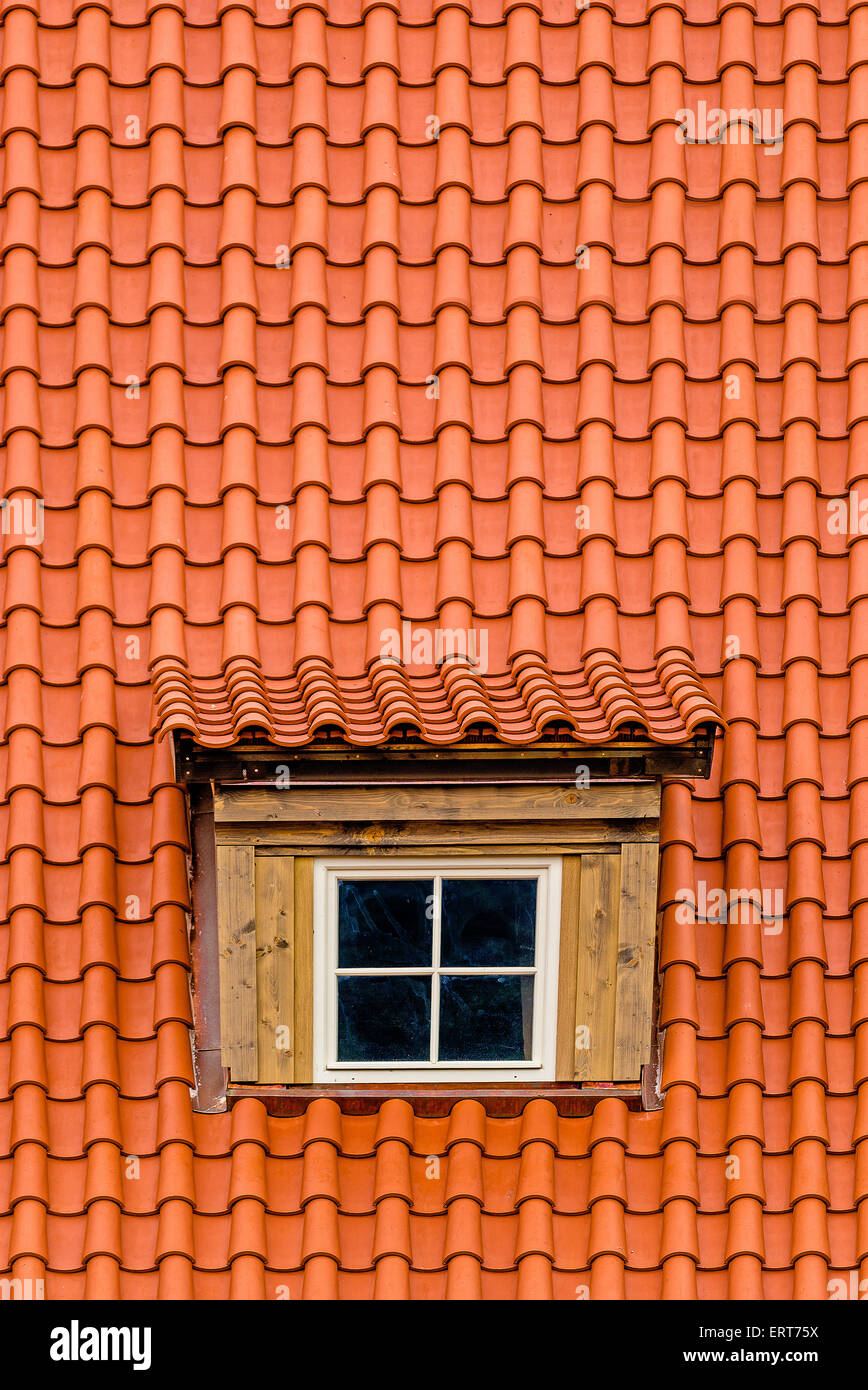 Tetto arancione di piastrelle con il vecchio attico finestra sul tetto Foto Stock