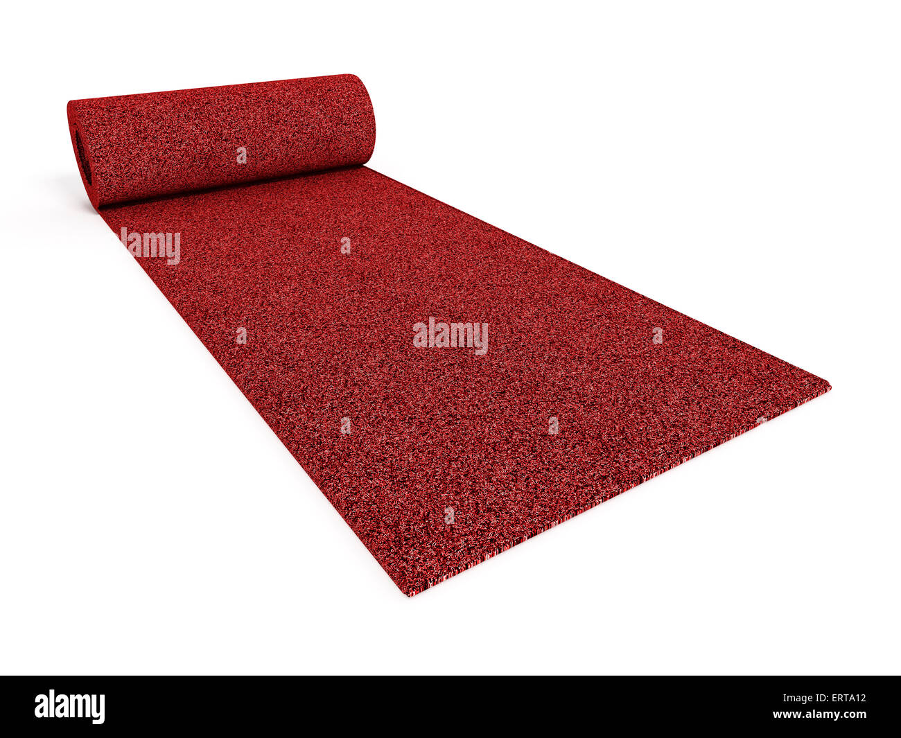Arrotolato a tappeto rosso isolato su sfondo bianco Foto Stock